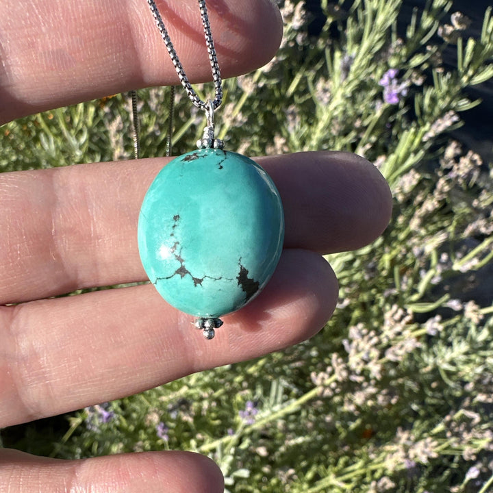 Large Turquoise Pendant on a Sterling Silver Chain - SunlightSilver