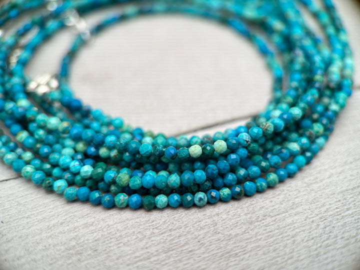 Faceted Chrysocolla and Sterling Silver Beaded Necklace. Tiny 2mm beads - SunlightSilver