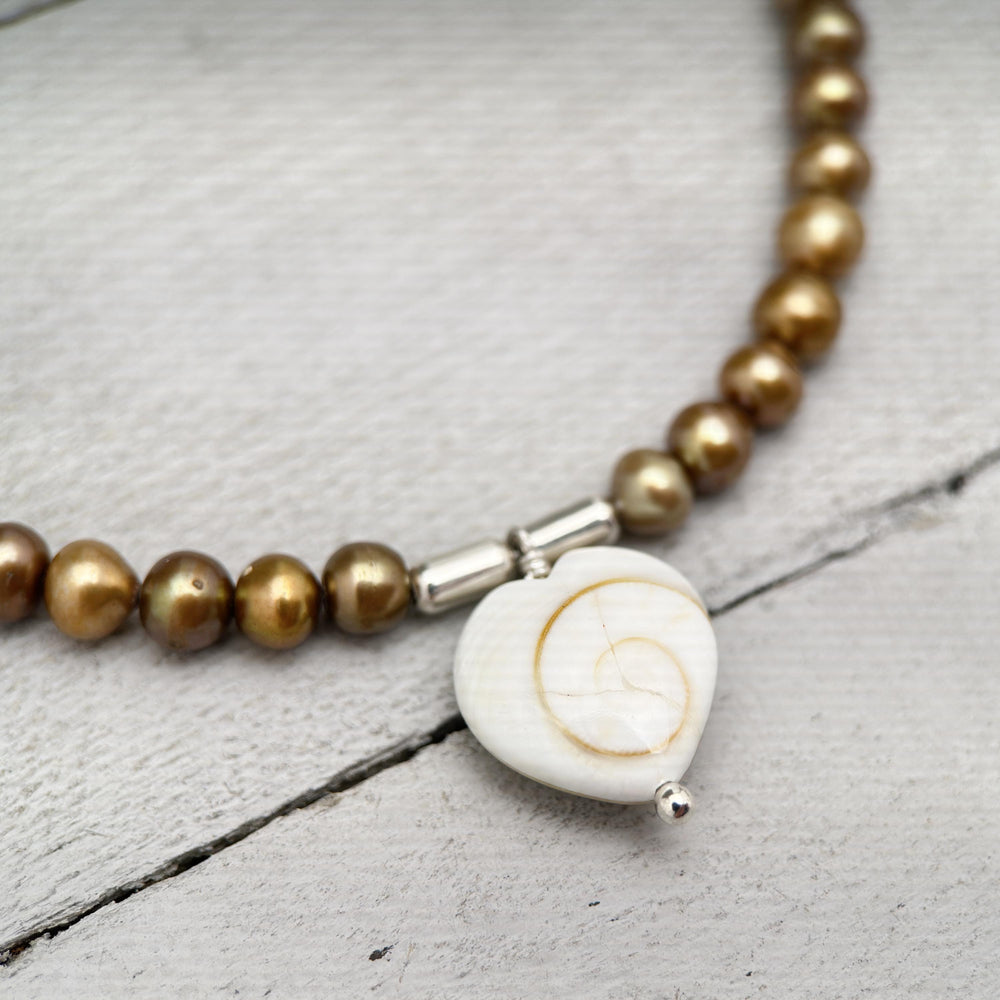 Shiva Eye Shell Heart and Freshwater Pearl Necklace - SunlightSilver