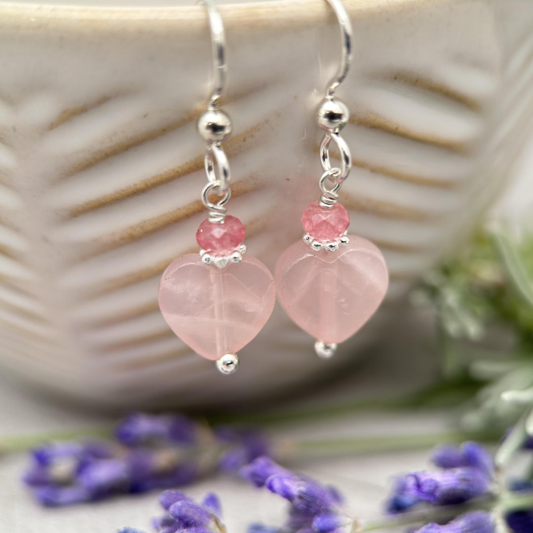 Rose Quartz Heart Earrings - Solid Sterling Silver - Pink Gemstone - SunlightSilver
