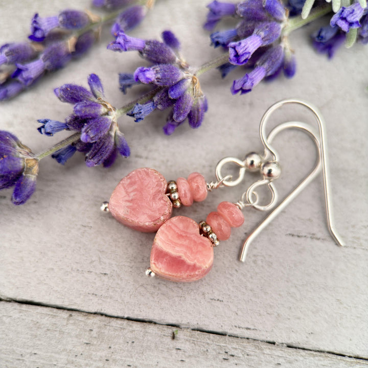 Pink Rhodochrosite Heart Earrings with Solid Sterling Silver - SunlightSilver