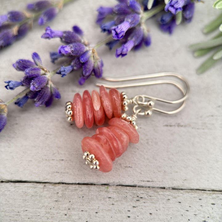 Gemmy Pink Rhodochrosite Stack Earrings with Solid Sterling Silver - SunlightSilver