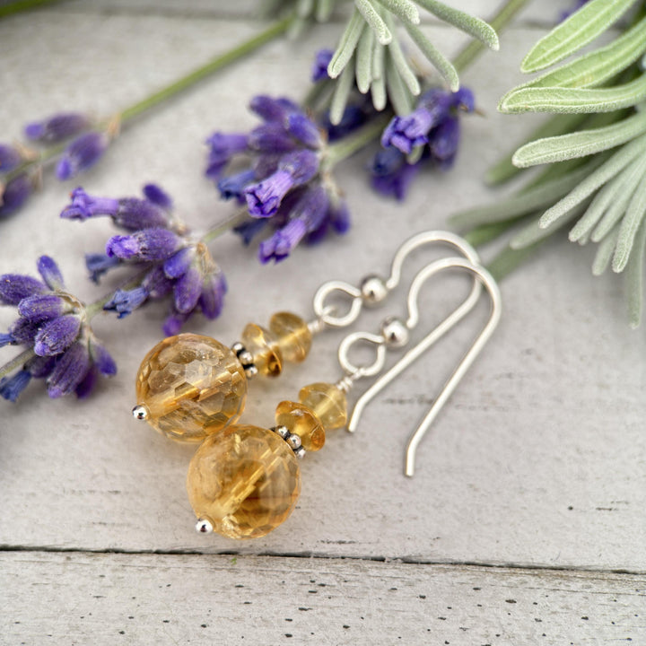 Yellow Citrine Crystal Sterling Silver Earrings. November Birthstone - SunlightSilver