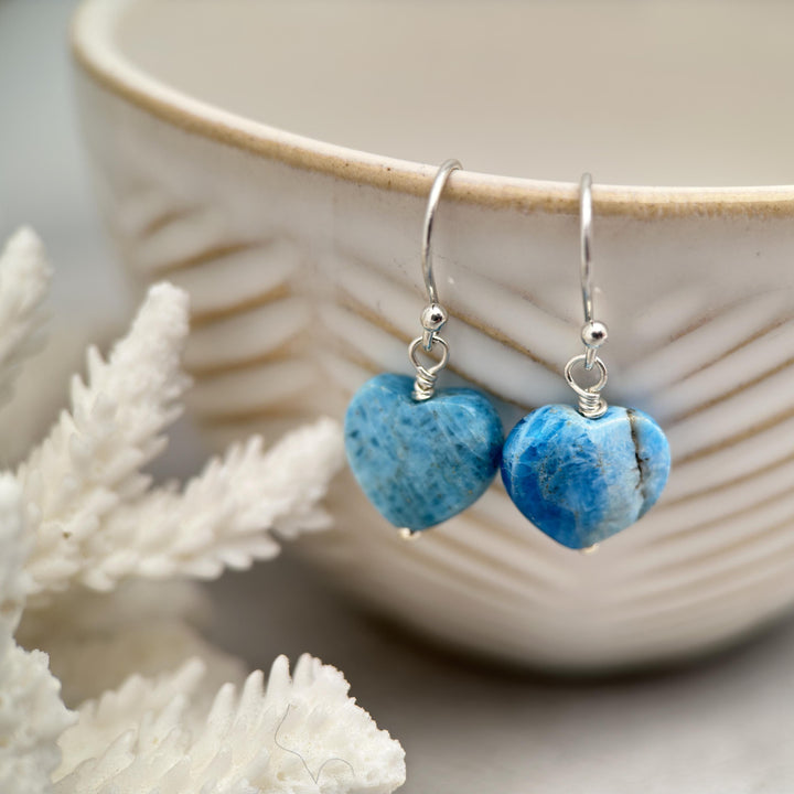 Faceted Apatite Heart and Sterling Silver Earrings - SunlightSilver