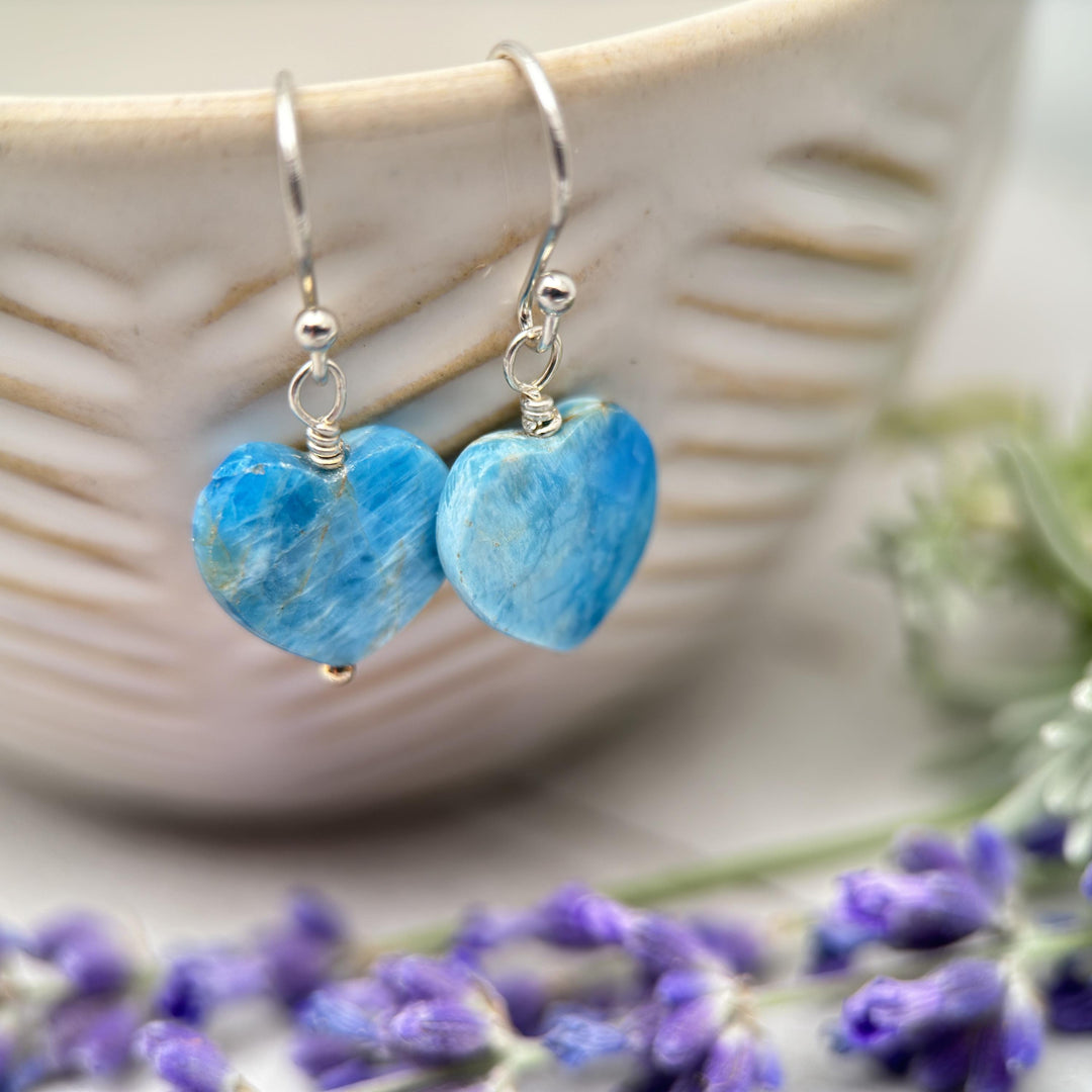 Faceted Apatite Heart and Sterling Silver Earrings - SunlightSilver