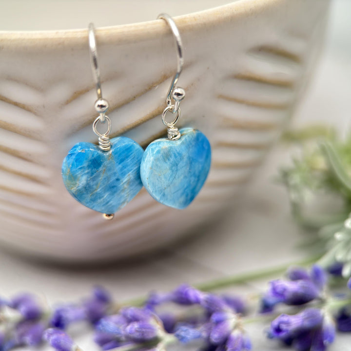 Faceted Apatite Heart and Sterling Silver Earrings - SunlightSilver