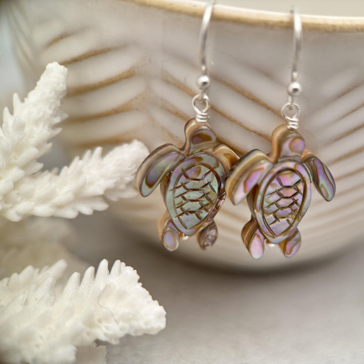 Paua Abalone Shell Sea Turtle and Sterling Silver Earrings - SunlightSilver