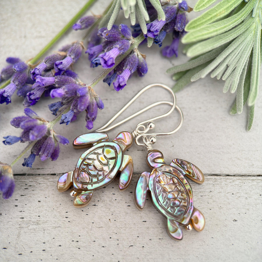 Paua Abalone Shell Sea Turtle and Sterling Silver Earrings - SunlightSilver