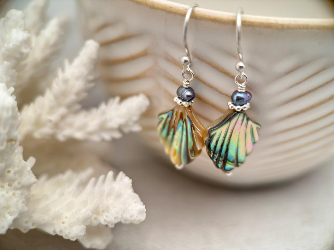 Paua Abalone Shell, Freshwater Pearl and Sterling Silver Earrings - SunlightSilver