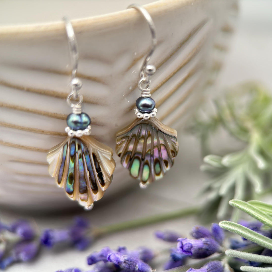 Paua Abalone Shell, Freshwater Pearl and Sterling Silver Earrings - SunlightSilver