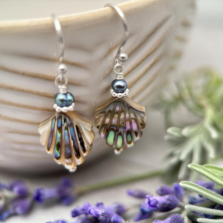 Paua Abalone Shell, Freshwater Pearl and Sterling Silver Earrings - SunlightSilver