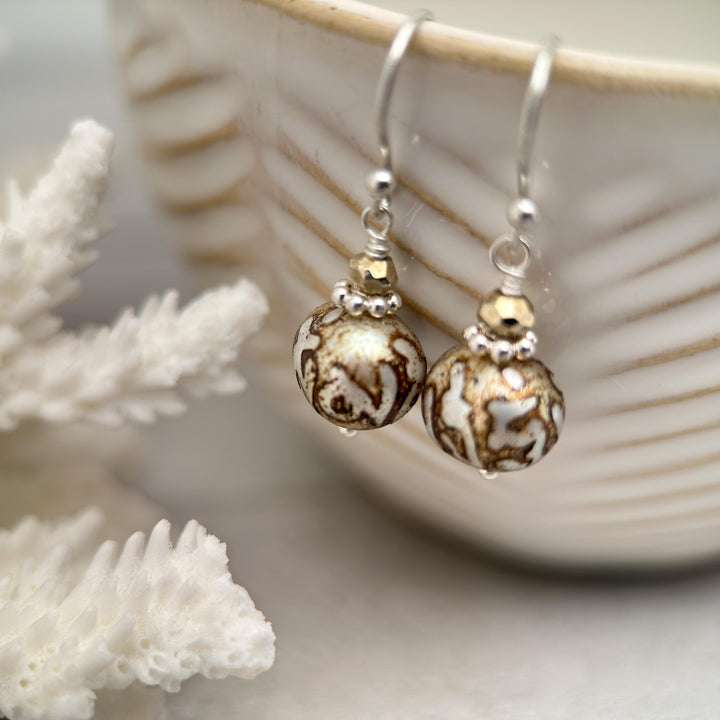 Etched Pearl Earrings with Buddhist Om Mantra - SunlightSilver