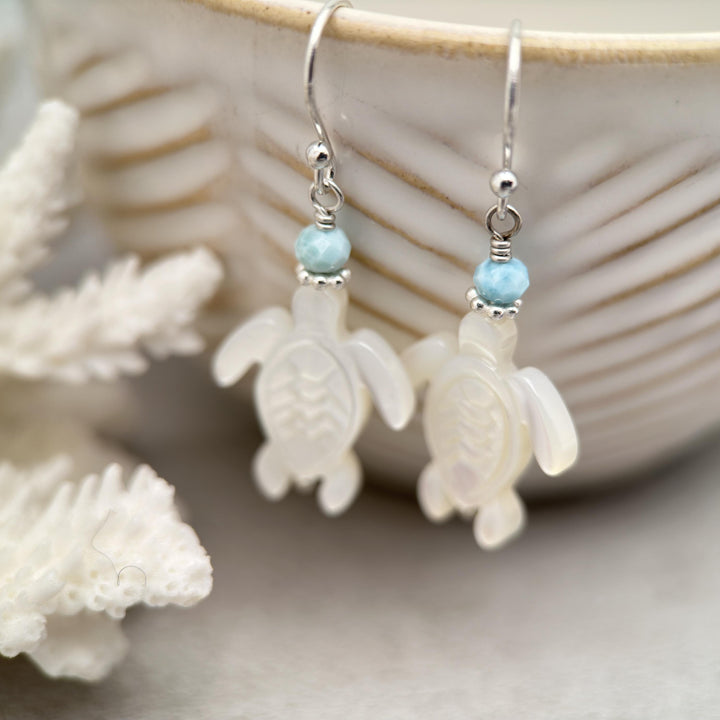 Larimar, Mother of Pearl Sea Turtle and Sterling Silver Earrings - SunlightSilver