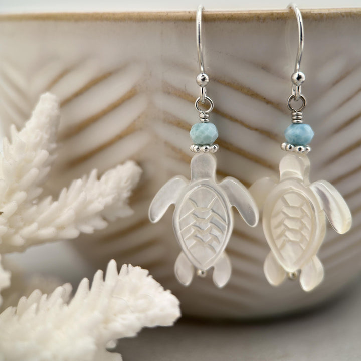 Larimar, Mother of Pearl Sea Turtle and Sterling Silver Earrings - SunlightSilver