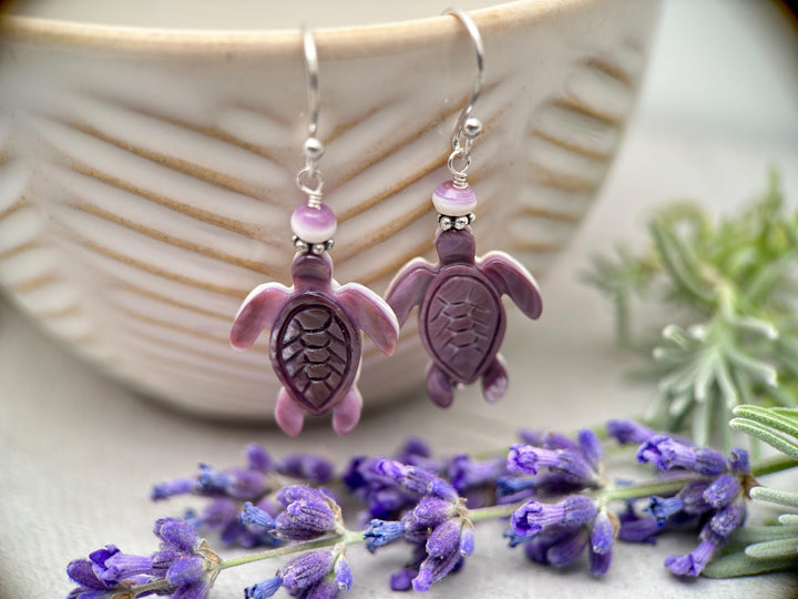 Purple and White Wampum Quahog Shell Sea Turtle and Sterling Silver Earrings - SunlightSilver