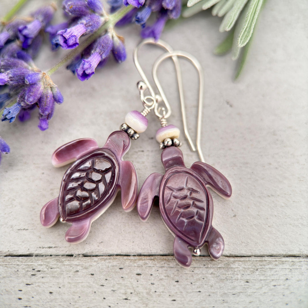 Purple and White Wampum Quahog Shell Sea Turtle and Sterling Silver Earrings - SunlightSilver