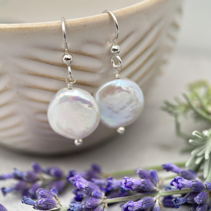 Gorgeous Keshi Coin Pearl and solid 925 Sterling Silver Earrings. Large, Thick, Lustrous Nacre and Orient - SunlightSilver