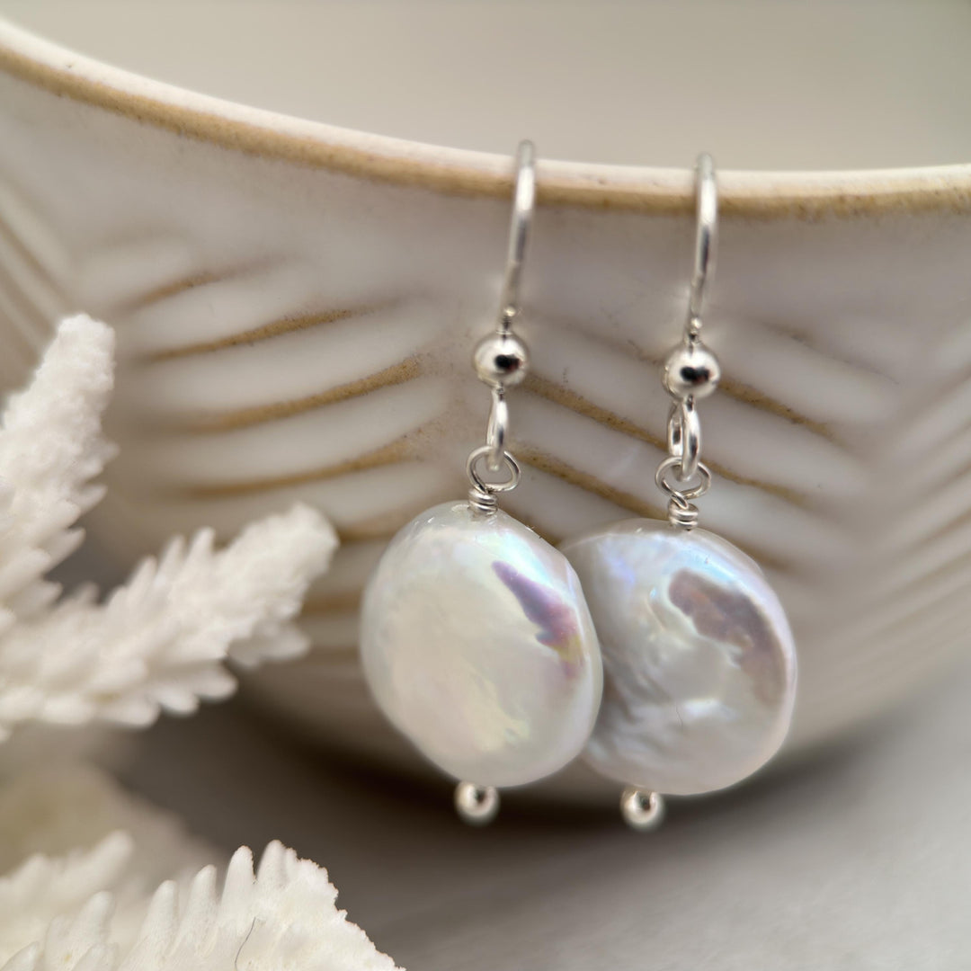 Gorgeous Keshi Coin Pearl and solid 925 Sterling Silver Earrings. Large, Thick, Lustrous Nacre and Orient - SunlightSilver