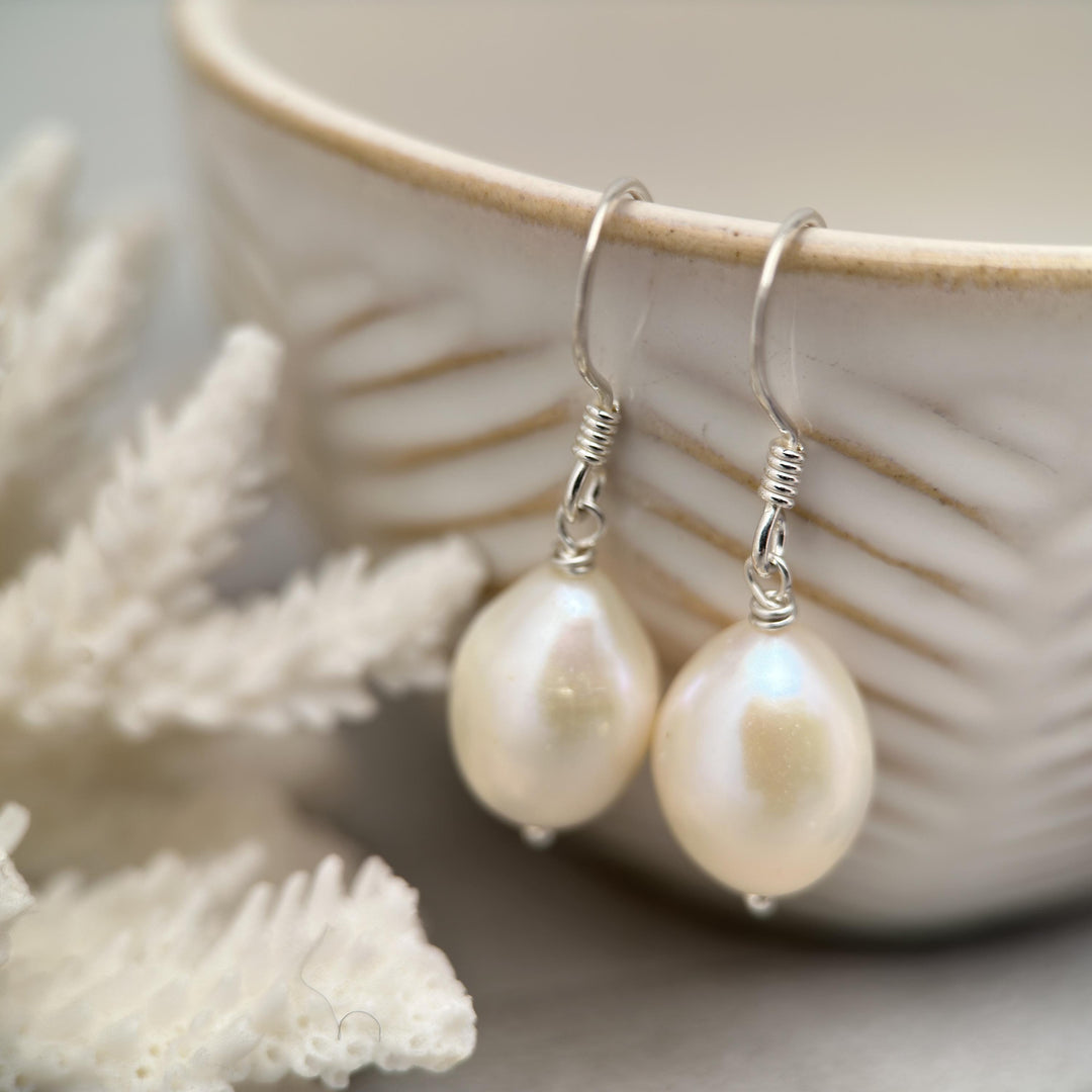 Gorgeous Large White Freshwater Pearl and solid 925 Sterling Silver Earrings - SunlightSilver