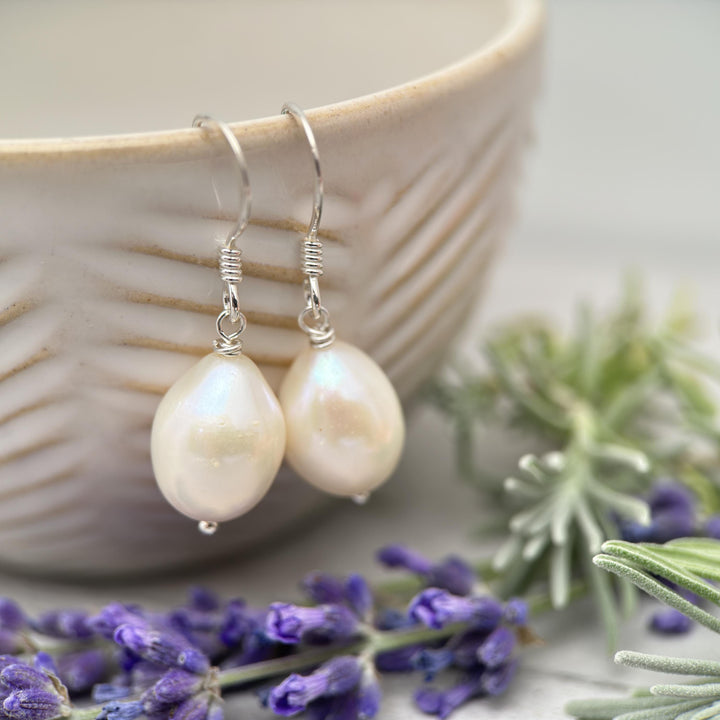 Gorgeous Large White Freshwater Pearl and solid 925 Sterling Silver Earrings - SunlightSilver