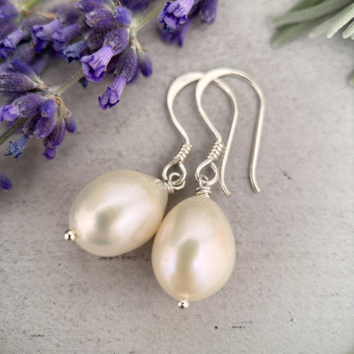 Gorgeous Large White Freshwater Pearl and solid 925 Sterling Silver Earrings - SunlightSilver