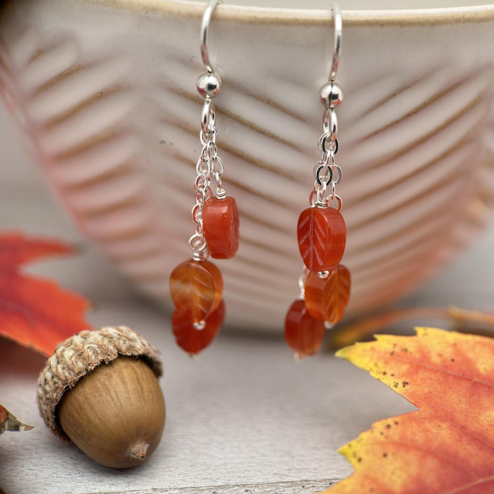 Orange Red Carnelian and Sterling Silver Earrings – Fall Leaves Earrings - Autumn Leaf Tassel Jewelry - SunlightSilver