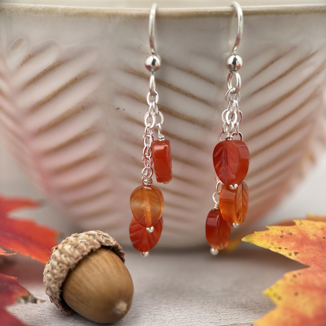 Carnelian Leaf and Sterling Silver Earrings - SunlightSilver