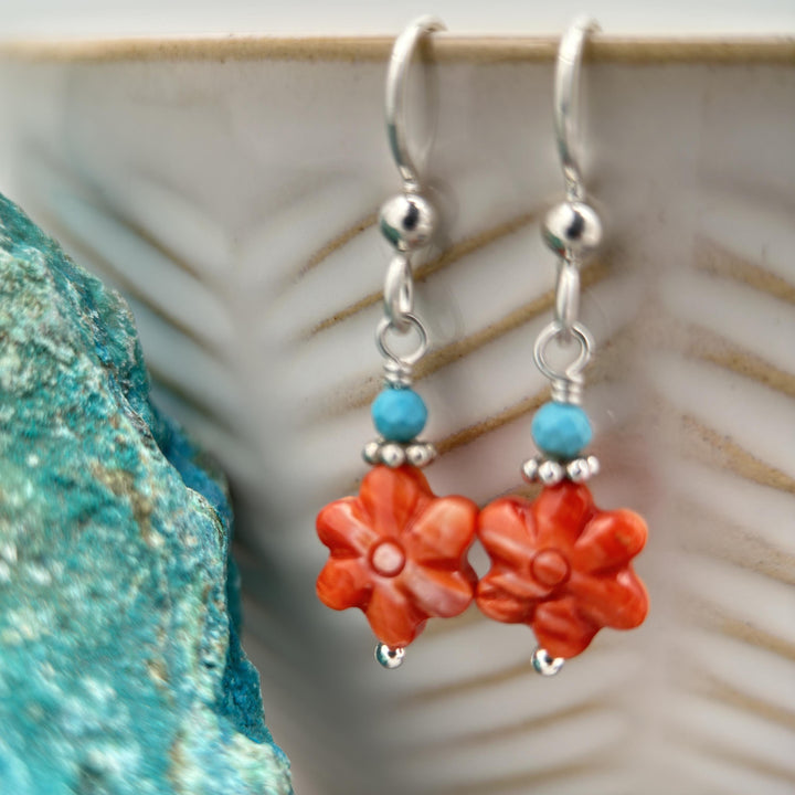 Small Red Spiny Oyster Shell Flower, Turquoise, and Sterling Silver Earrings - SunlightSilver