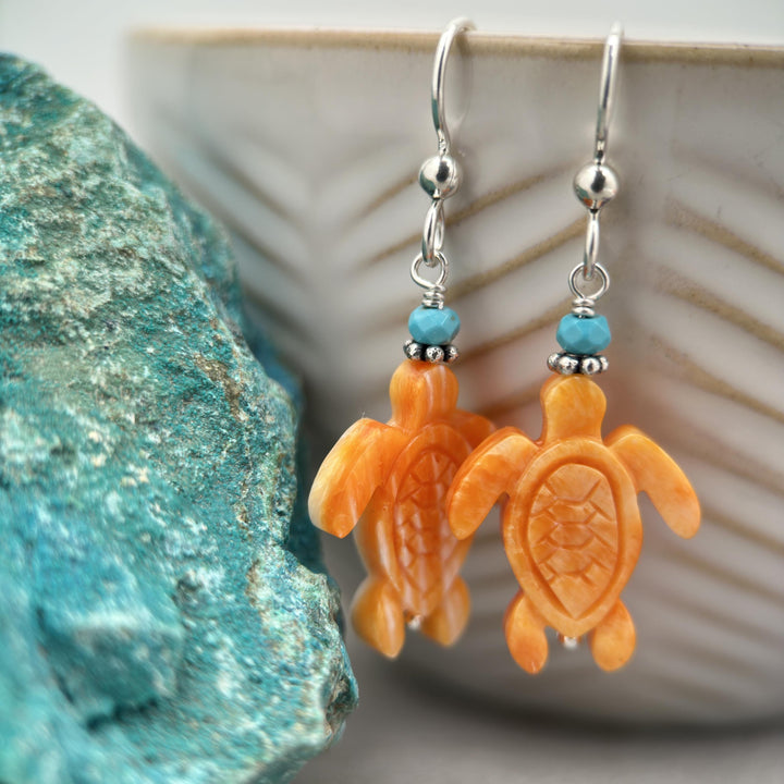 Spiny Oyster and Turquoise Sea Turtle Earrings - SunlightSilver