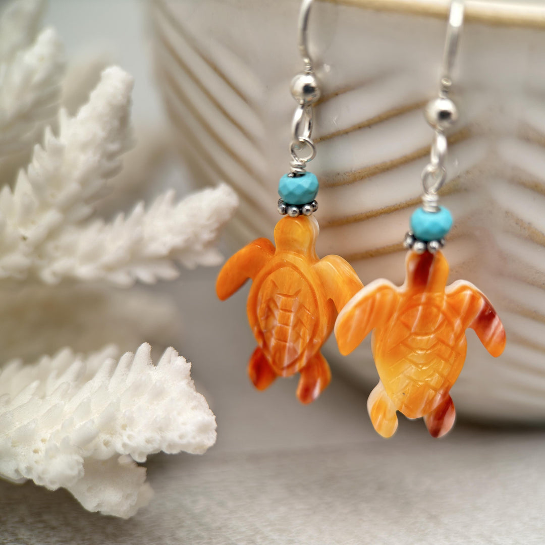 Spiny Oyster and Turquoise Sea Turtle Earrings - SunlightSilver