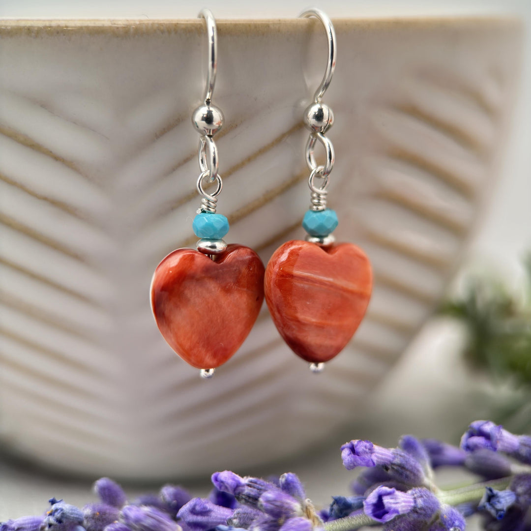 Red Spiny Oyster Shell Heart, Turquoise and Sterling Silver Earrings - SunlightSilver