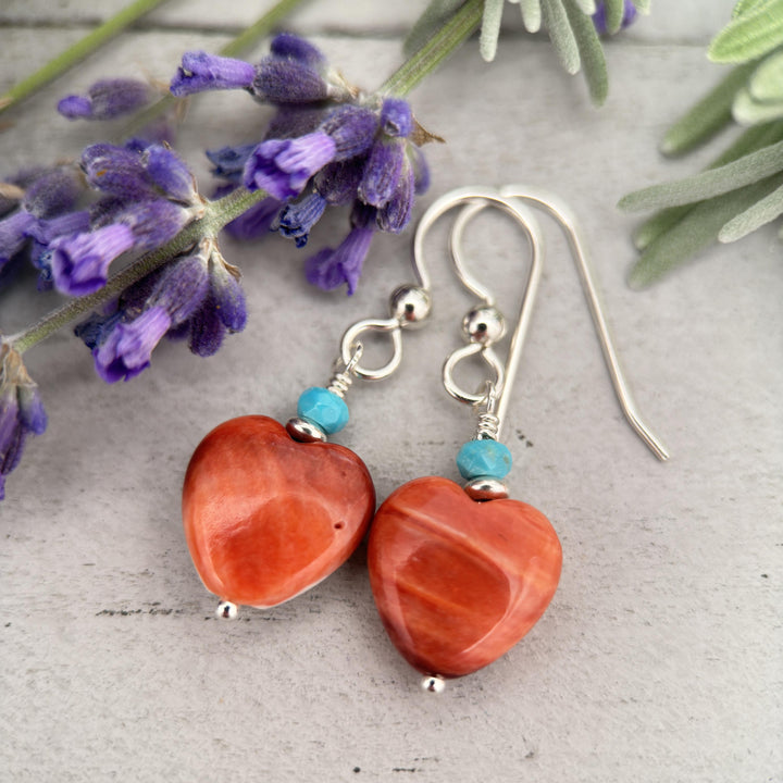 Red Spiny Oyster Shell Heart, Turquoise and Sterling Silver Earrings - SunlightSilver