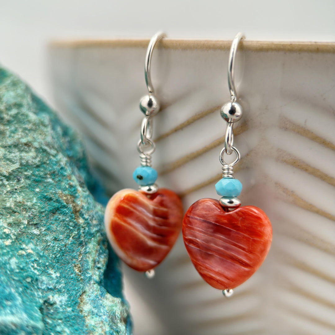 Red Spiny Oyster Shell Heart, Turquoise and Sterling Silver Earrings - SunlightSilver