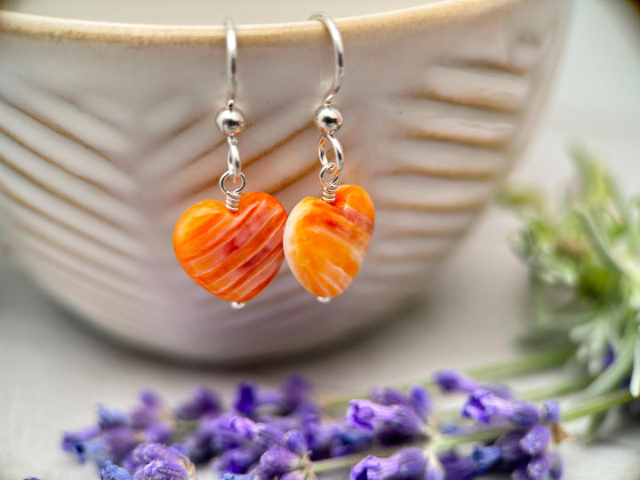 Orange Spiny Oyster Shell Heart and Sterling Silver Earrings - SunlightSilver