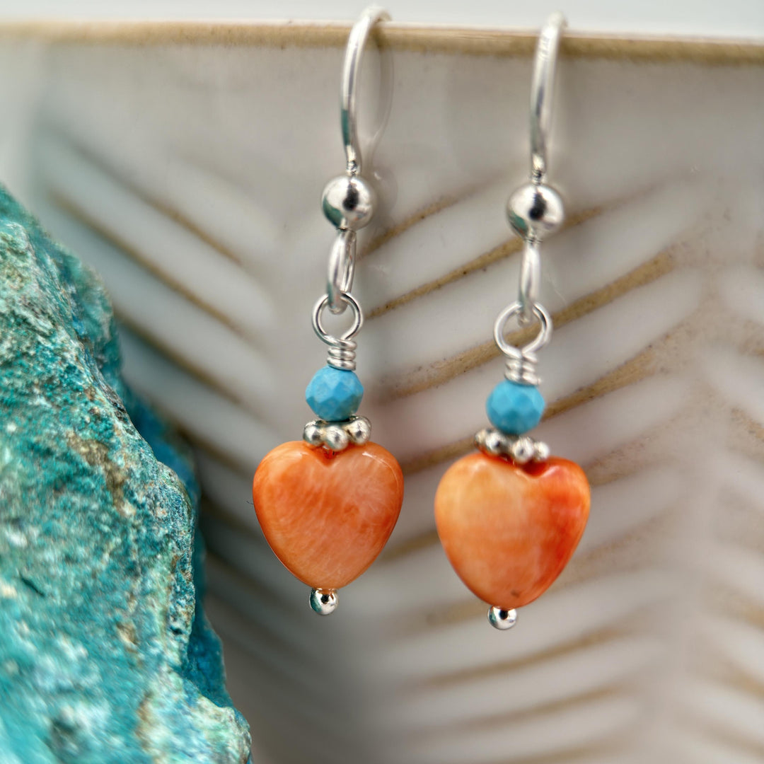 Spiny Oyster Shell Heart, Turquoise and Sterling Silver Earrings - SunlightSilver