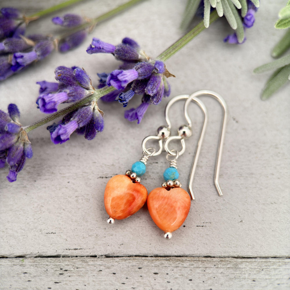 Petite Spiny Oyster and Turquoise Earrings – Orange Heart Shell Jewelry in 925 Silver -Turquoise Accents - SunlightSilver