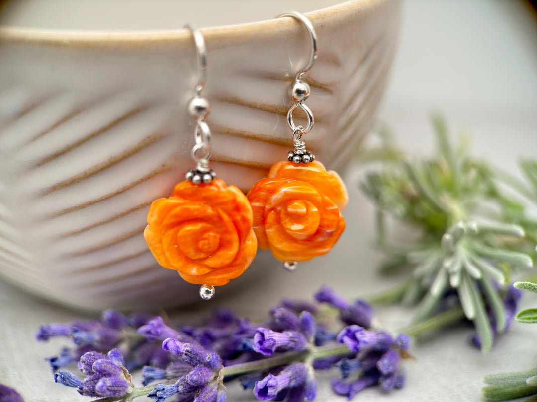 Orange Spiny Oyster Carved Flower and Solid 925 Sterling Silver Earrings - SunlightSilver