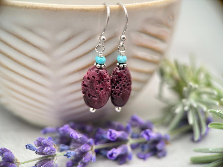 Purple Spiny Oyster Shell, Turquoise, and Sterling Silver Earrings - SunlightSilver