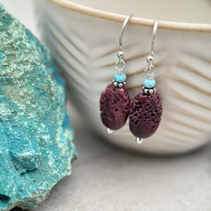 Purple Spiny Oyster Shell, Turquoise, and Sterling Silver Earrings - SunlightSilver