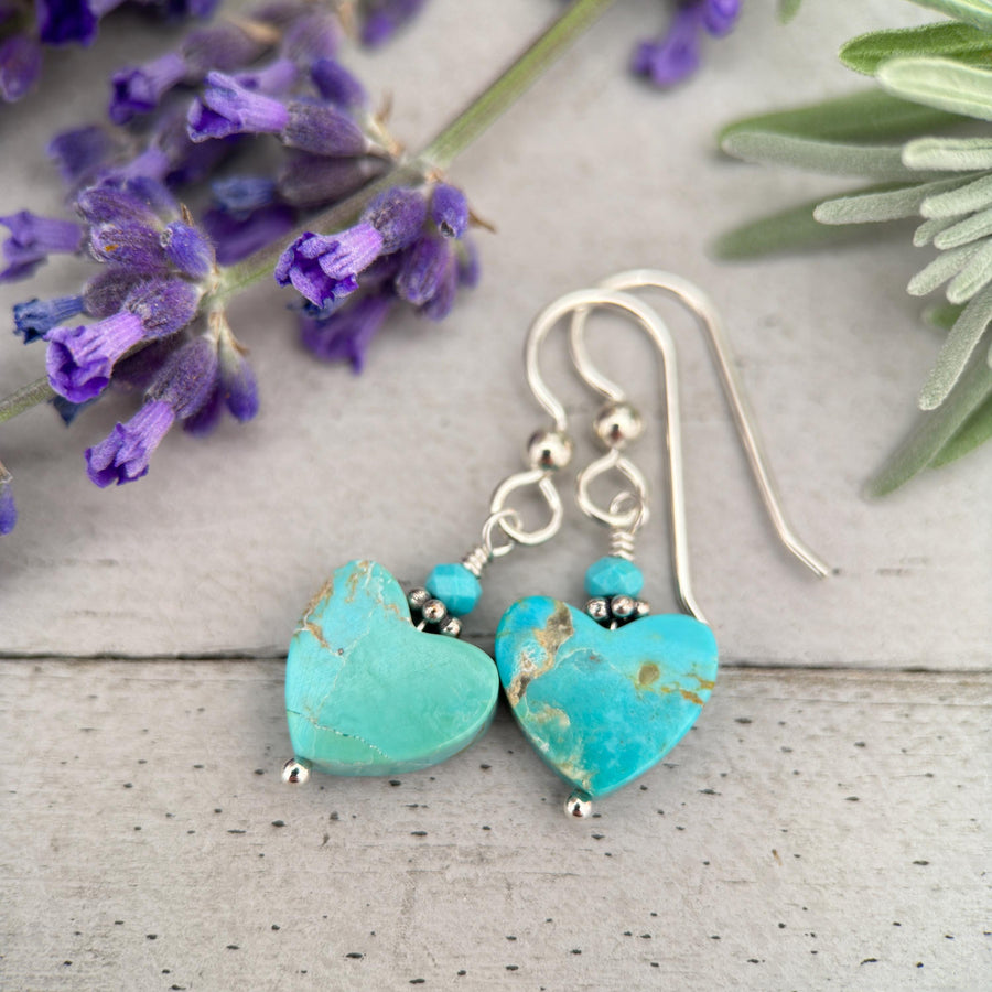 Kingman Turquoise Heart and Sterling Silver Earrings - Love symbol - American Rustic Southwest Turquoise - SunlightSilver