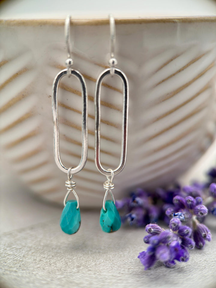 Turquoise Briolette and Sterling Silver Paperclip Hoop Earrings - SunlightSilver