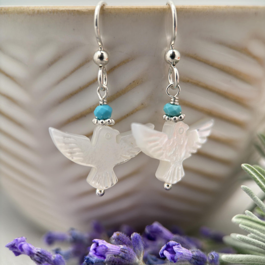 Turquoise, Mother of Pearl Thunder Bird and Sterling Silver Earrings - SunlightSilver