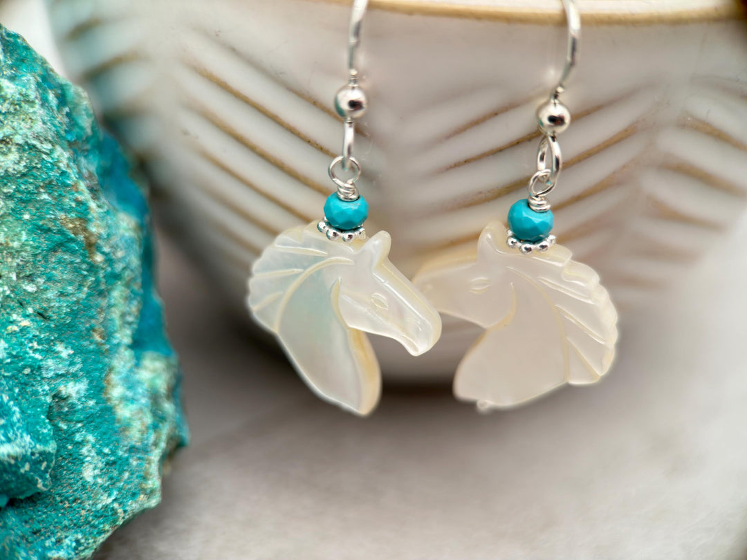 Turquoise, Carved Mother of Pearl Horse and Sterling Silver Earrings - SunlightSilver