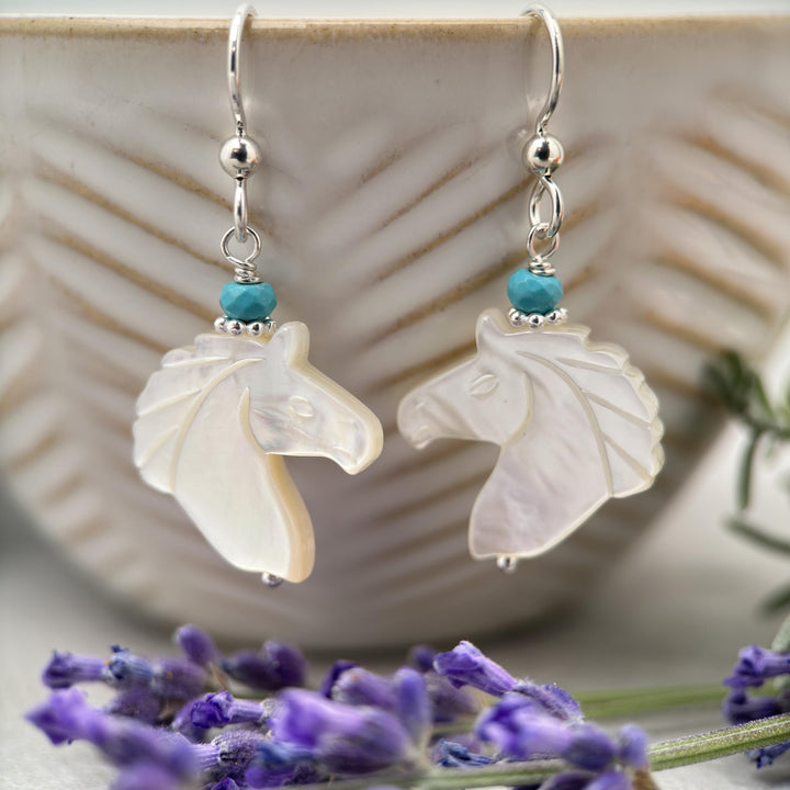 Turquoise, Carved Mother of Pearl Horse and Sterling Silver Earrings - SunlightSilver