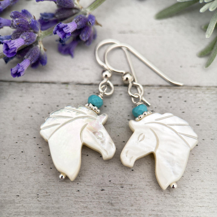 Turquoise, Carved Mother of Pearl Horse and Sterling Silver Earrings - SunlightSilver