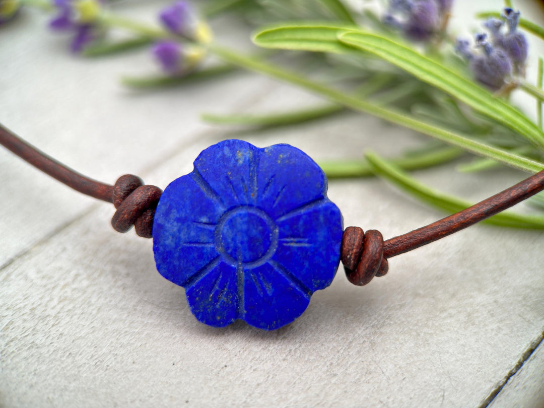 Lapis Lazuli Carved Flower and Brown Leather Necklace - SunlightSilver