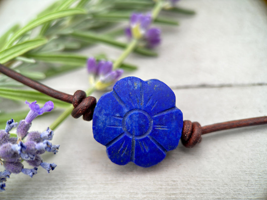 Lapis Lazuli Carved Flower and Brown Leather Necklace - SunlightSilver