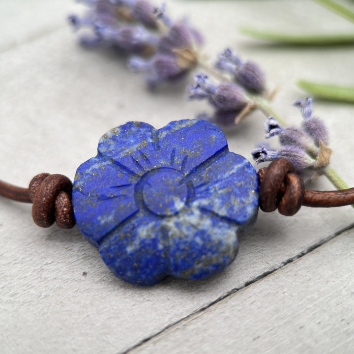 Lapis Lazuli Carved Flower and Brown Leather Necklace - SunlightSilver