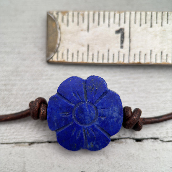 Lapis Lazuli Carved Flower and Brown Leather Necklace - SunlightSilver