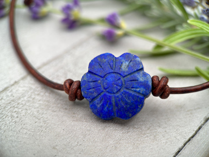 Lapis Lazuli Carved Flower and Brown Leather Necklace - SunlightSilver